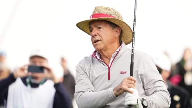 Nick Saban golfing on Feb. 7, 2024.